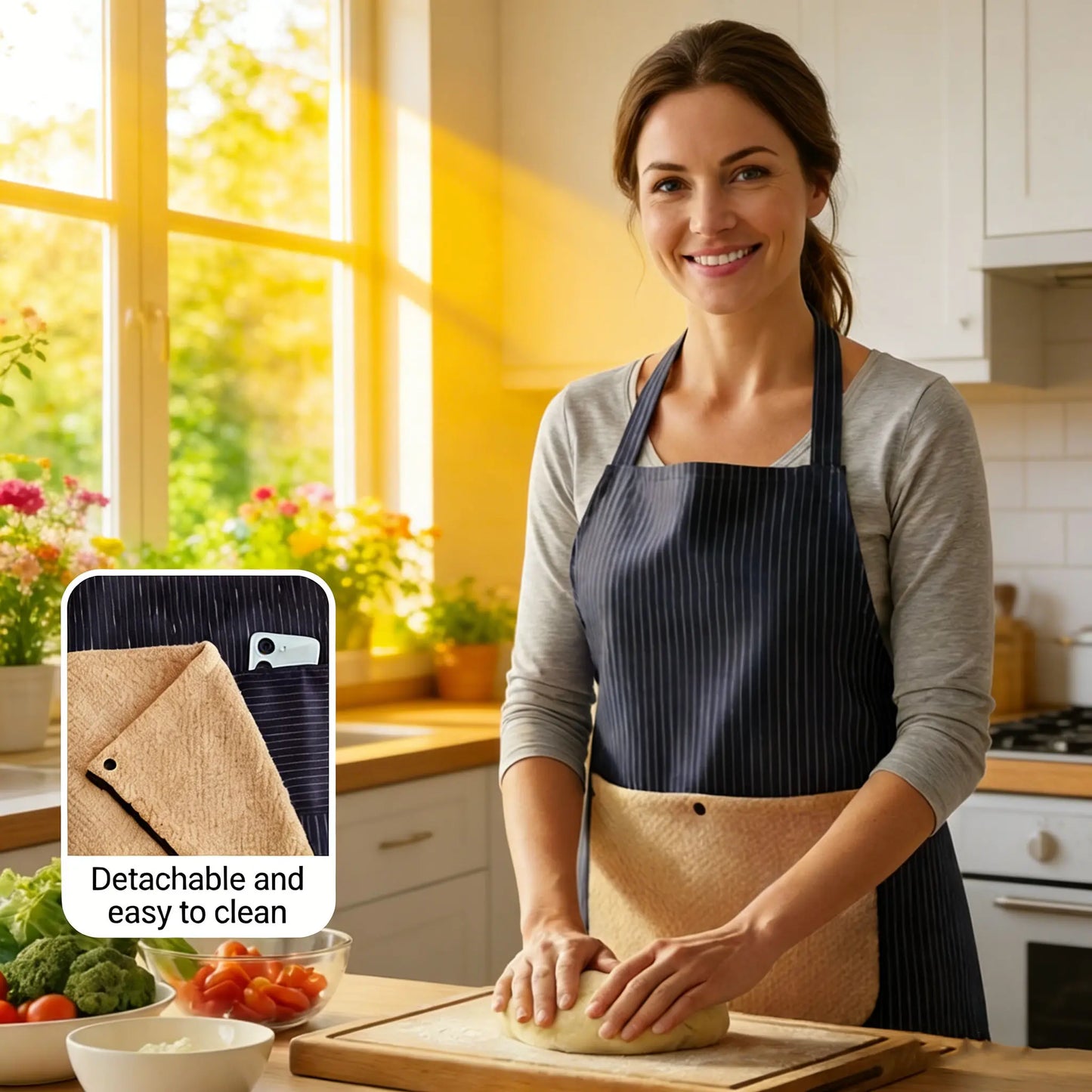 Kitchen Apron with a Detachable Towel, Unisex, Strapless Design for Easy Wearing and Removal, with Storage Pockets, Made of Three-Layer Composite Fabric, a Great Cooking Helper for the Whole Family.