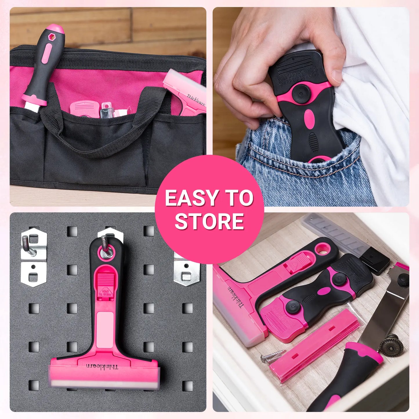 【Dealsforyou】 THINKLEARN 3-In-1 Scraper Tool Set, 3-Pack Pink Razor Scrapers with 40 Replacement Blades, Ideal for Removing Stickers, Adhesive, Caulk, and Cleaning Glass Surfaces