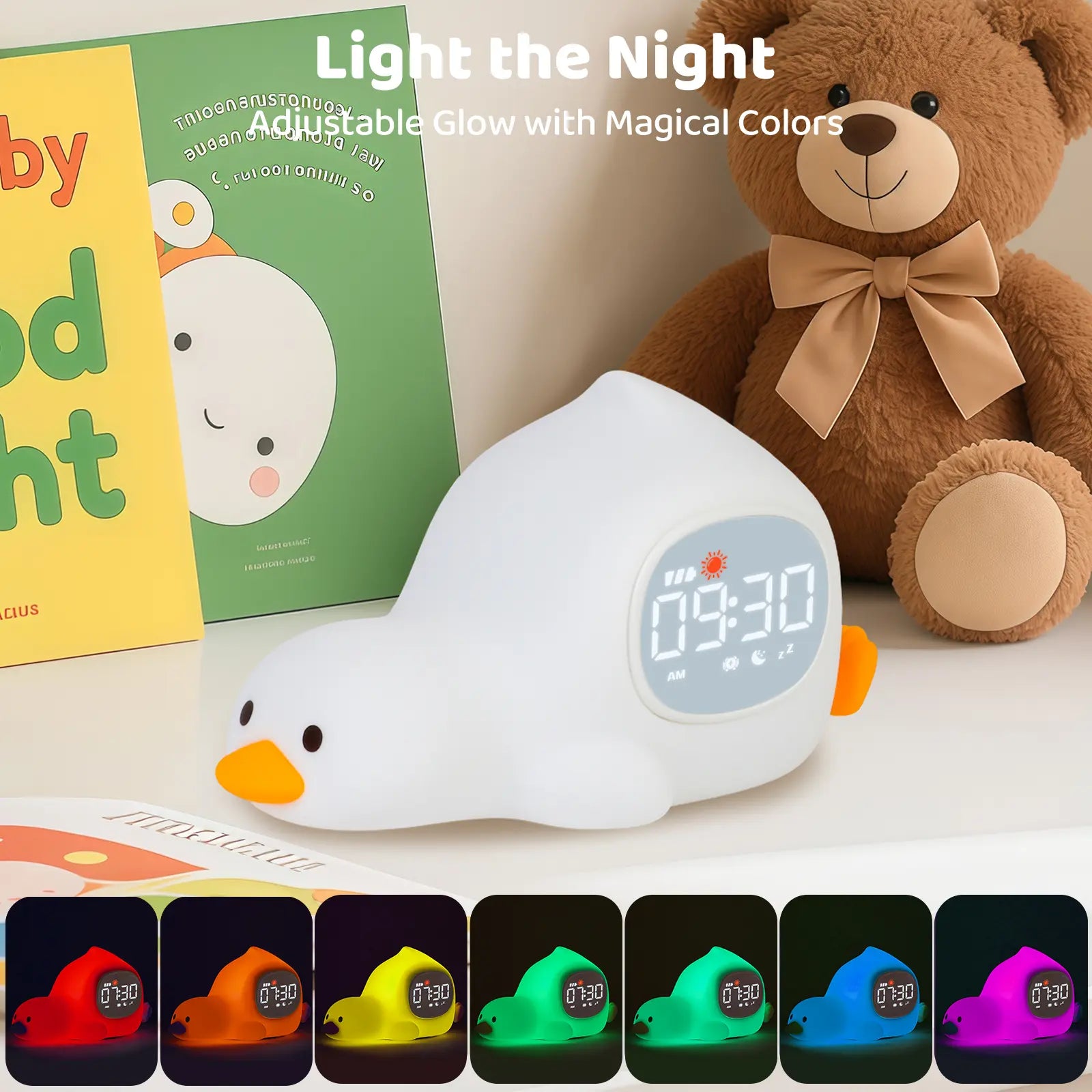 Lying Duck Kids' Sleep Trainer Alarm Clock - 7-Color Silicone Night Light, 6 White Noise Options, Dual Alarms, Snooze, Rechargeable Toddler Bedroom Bedside Clock, Ideal Birthday & Holiday Gift