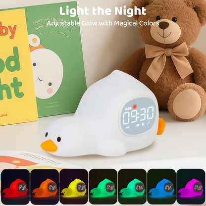 Lying Duck Kids' Sleep Trainer Alarm Clock - 7-Color Silicone Night Light, 6 White Noise Options, Dual Alarms, Snooze, Rechargeable Toddler Bedroom Bedside Clock, Ideal Birthday & Holiday Gift