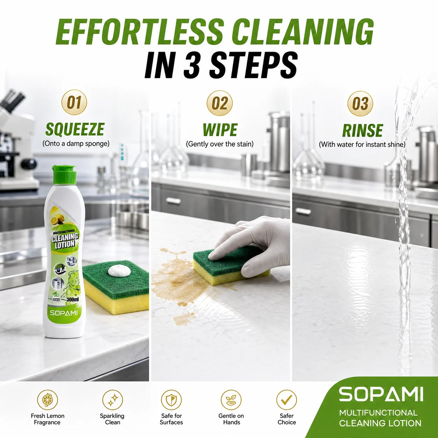 SOPAMI Multifunctional Cleaning Lotion 300Ml Creamy No Scratch Formula Removes Tough Stains Suitable for Kitchen Bathroom Metal and Ceramic Surfaces Gentle on Skin