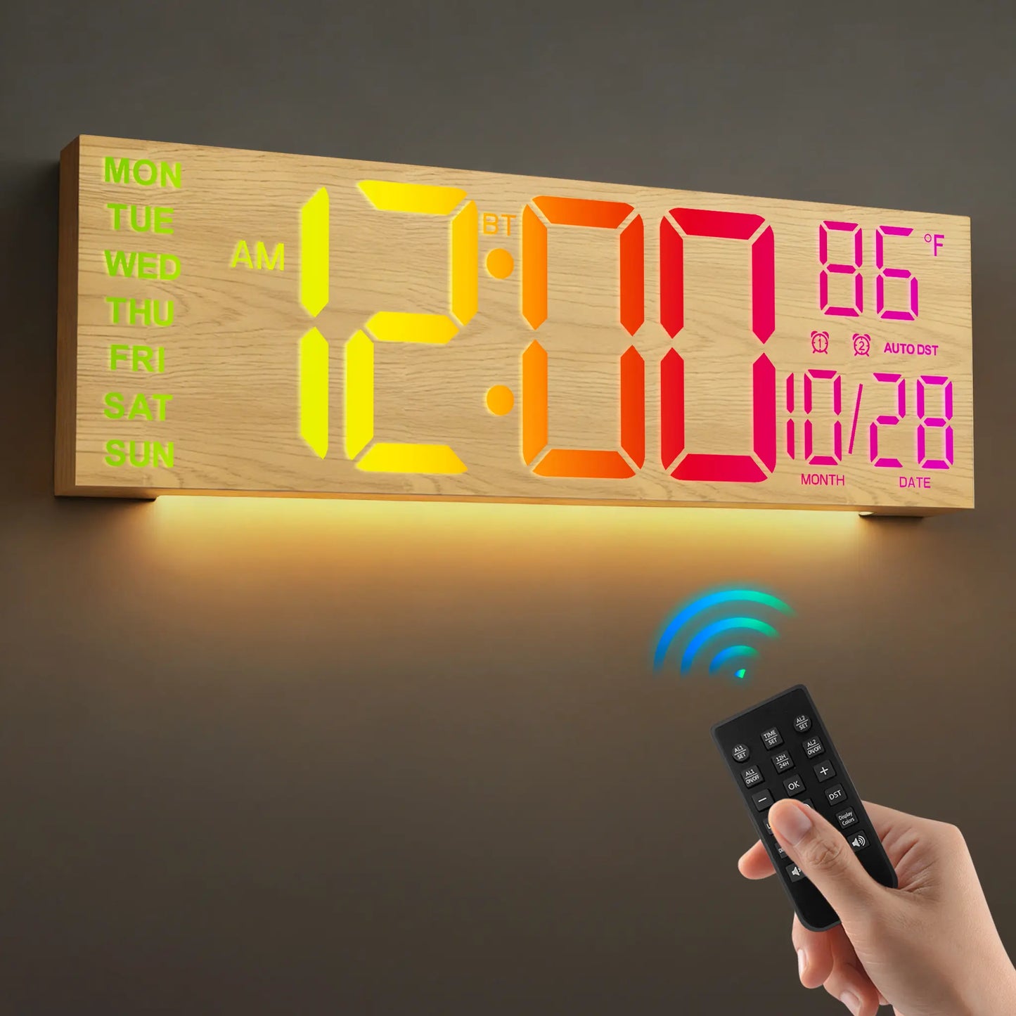 LEIKE 16.2" LED Digital Wall Clock with Remote Control, Dual Alarm, 8 RGB Colors, Auto DST, Temperature