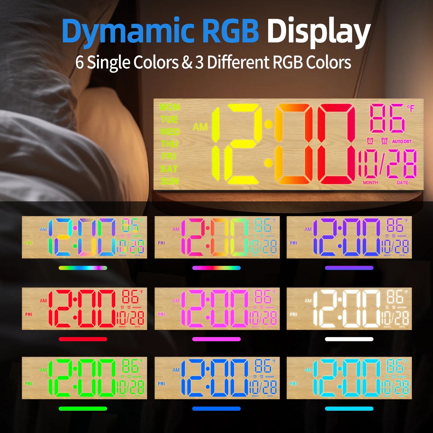 LEIKE 16.2" LED Digital Wall Clock with Remote Control, Dual Alarm, 8 RGB Colors, Auto DST, Temperature