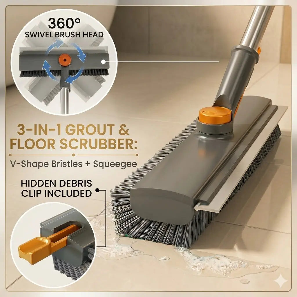 S 3-In-1 Telescopic Floor Brush & Squeegee: Effortless Grout & Tile Cleaning for Bathroom, Garage, and Decks - No More Bending Over!