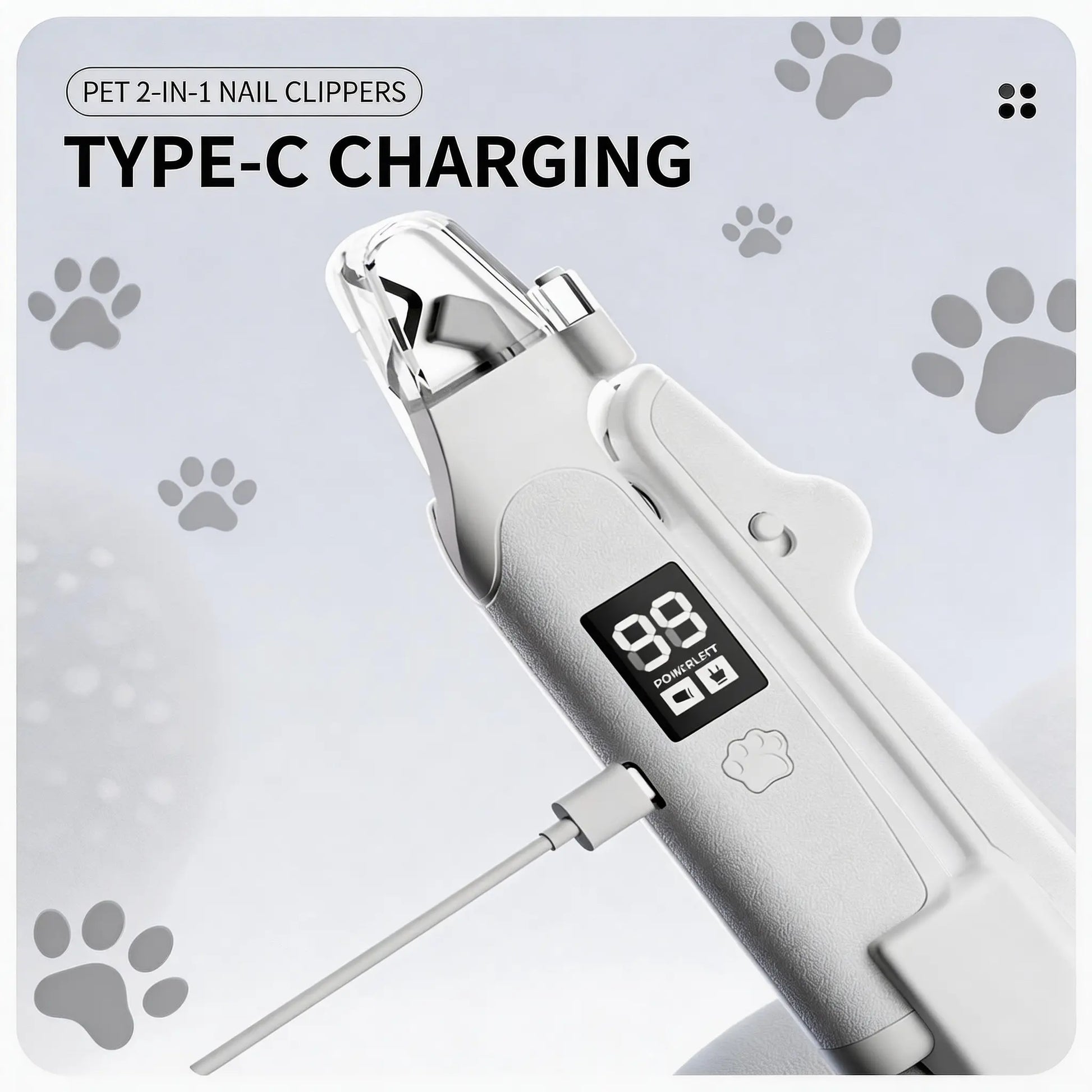 Rechargeable Pet Nail Clipper with LED Light & Digital Display, Electric Dog Cat Nail Trimmer with Safety Guard, Professional Pet Grooming Tool for Small Medium Large Pets