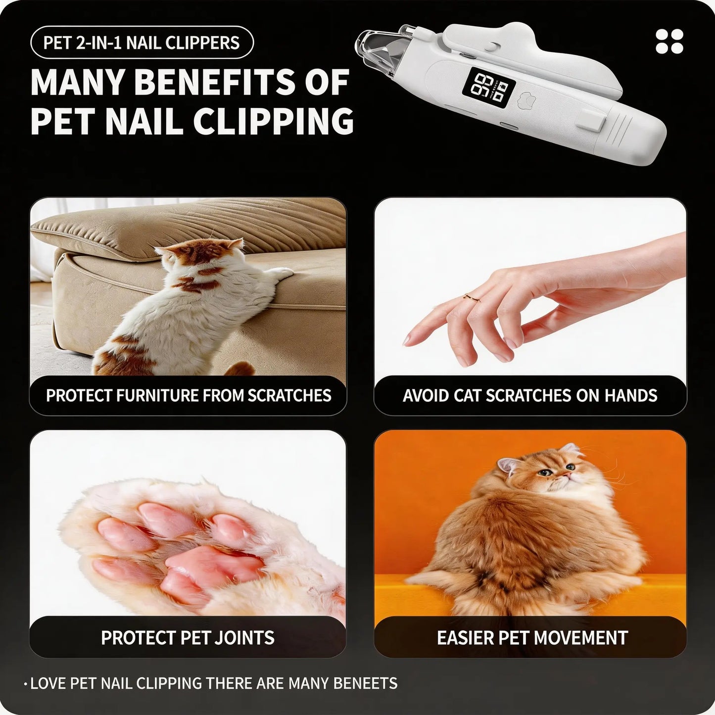 Rechargeable Pet Nail Clipper with LED Light & Digital Display, Electric Dog Cat Nail Trimmer with Safety Guard, Professional Pet Grooming Tool for Small Medium Large Pets