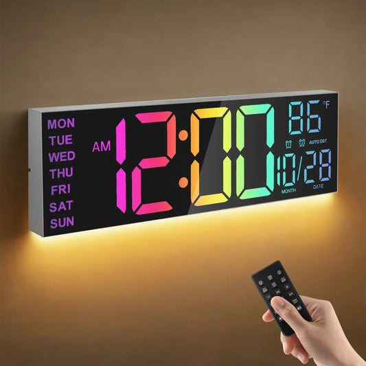 LEIKE 16.2" LED Digital Wall Clock with Remote Control, Dual Alarm, 8 RGB Colors, Auto DST, Temperature