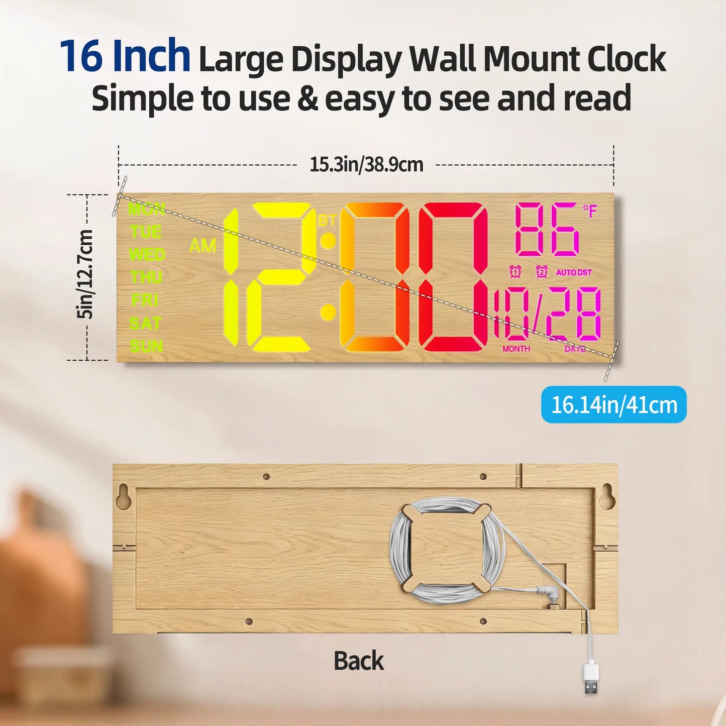 LEIKE 16.2" LED Digital Wall Clock with Remote Control, Dual Alarm, 8 RGB Colors, Auto DST, Temperature
