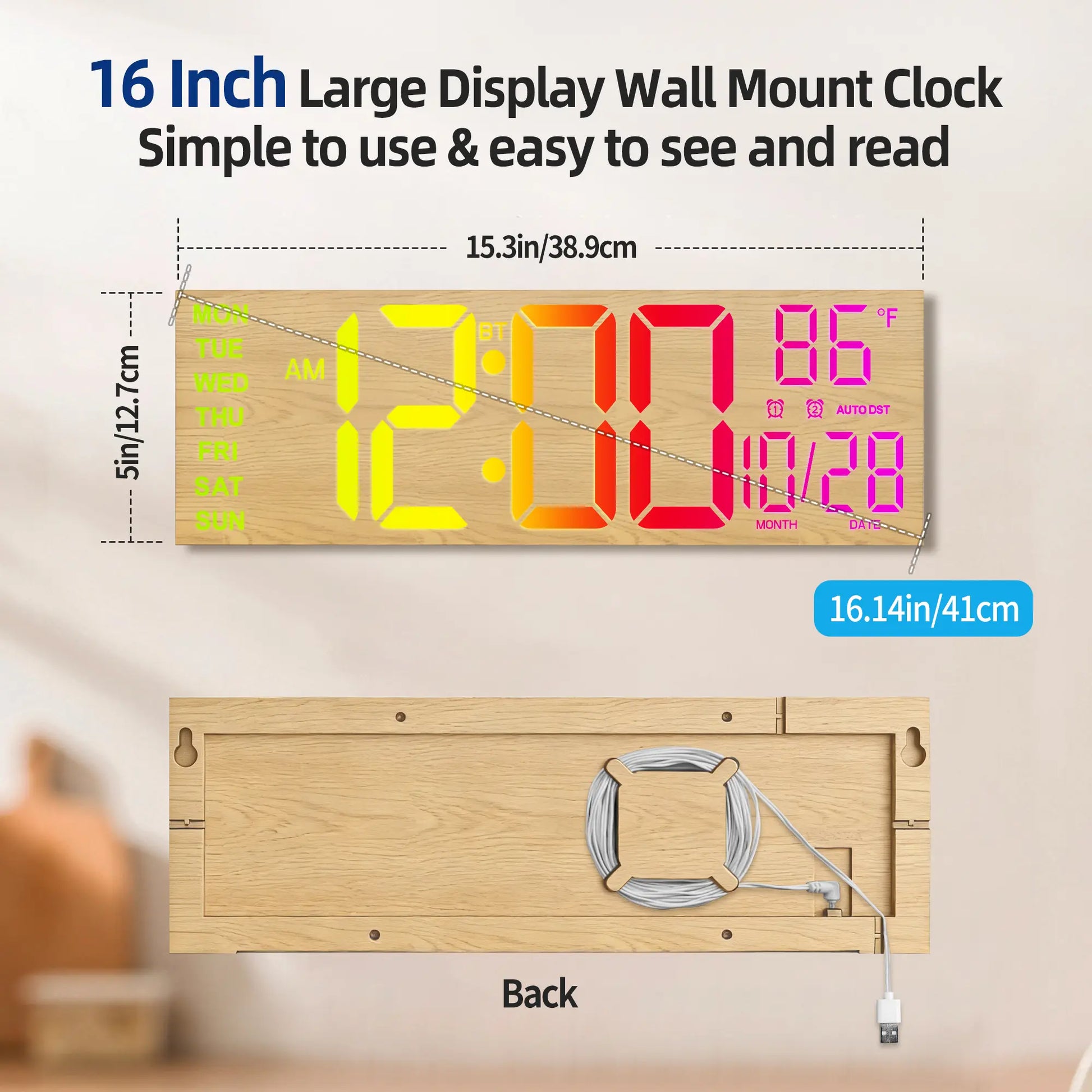 LEIKE 16.2" LED Digital Wall Clock with Remote Control, Dual Alarm, 8 RGB Colors, Auto DST, Temperature