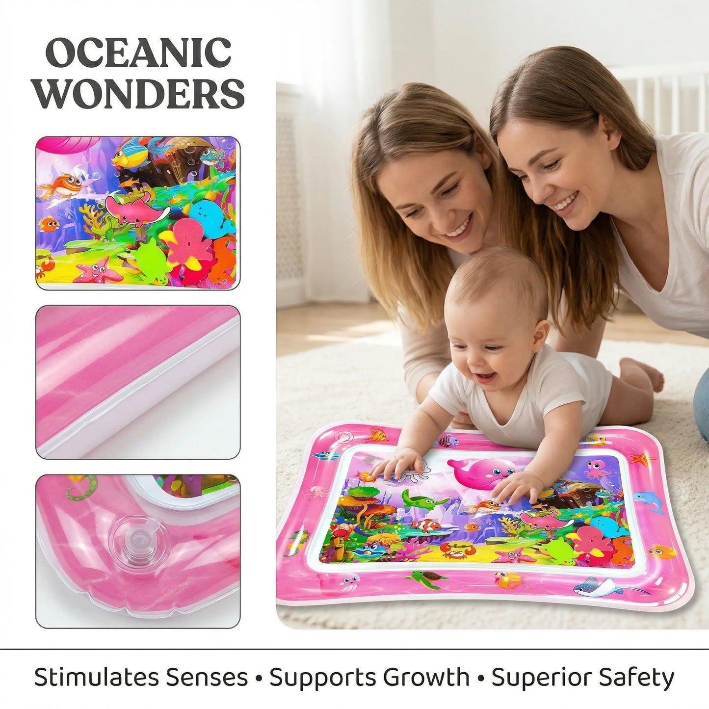 Inflatable Rectangle Tummy Time Water Mat for Infants 3-24 Months, Baby Toys with Seabed Patterns & Marine Animals, Bpa-Free Leak-Proof Sensory Toy for Pool Water Play