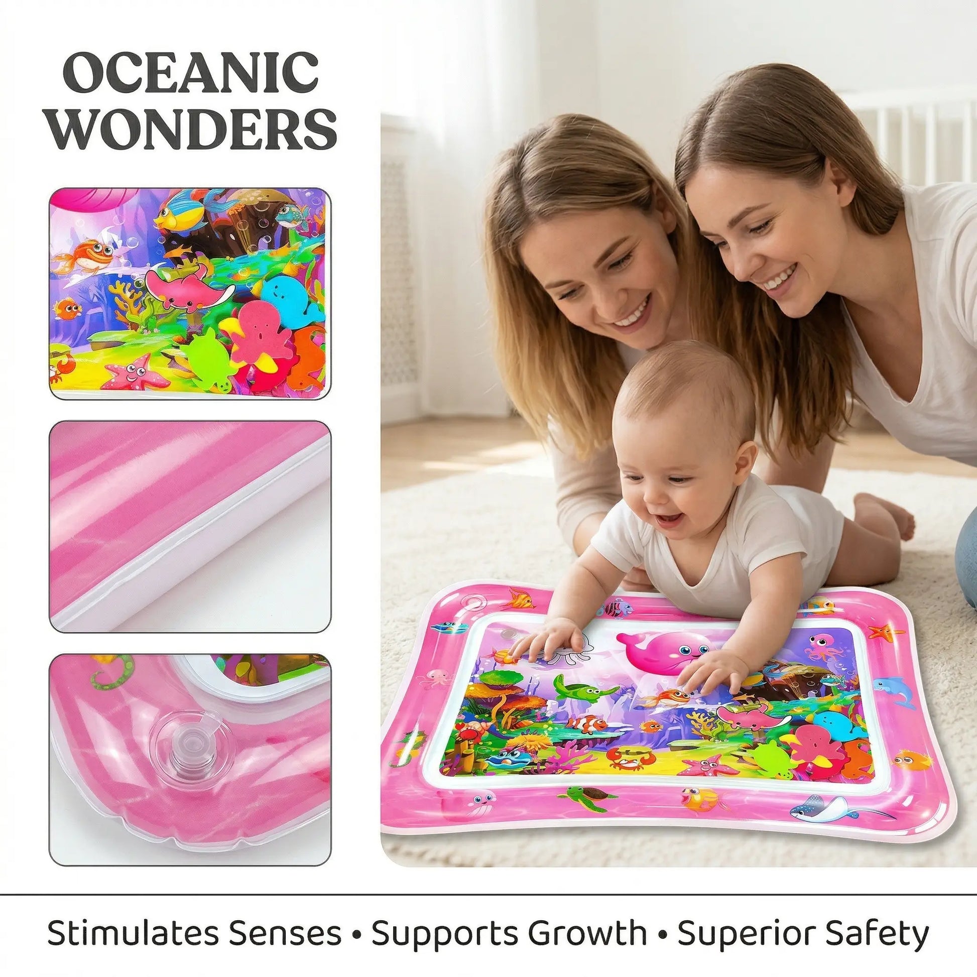 Inflatable Rectangle Tummy Time Water Mat for Infants 3-24 Months, Baby Toys with Seabed Patterns & Marine Animals, Bpa-Free Leak-Proof Sensory Toy for Pool Water Play