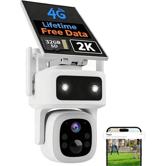 4G LTE Solar Cellular Security Camera Outdoor Wireless, Lifetime Free Data&No Monthly Fee, No Wifi, 360° PTZ, 2K Night Vision, Human Tracking, PIR, 2-Way Audio, 32GB TF Card, IP66 Waterproof
