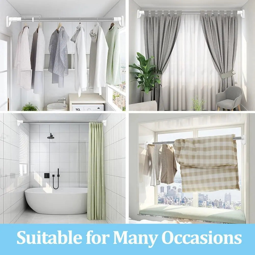 Adjustable No-Drill Wardrobe Rod, Telescopic Clothes Drying Rod, Available in Two Sizes, Rust-Proof Hanger, Suitable for Bathrooms, Shelves, and Wardrobes.
