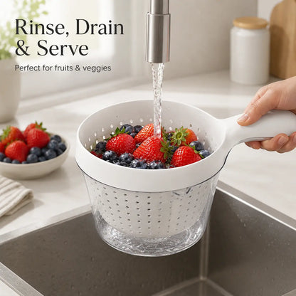 Double-Layer Fruit Drainer Basket with Handle, Macaron Colander Bowl with Transparent Water Container, One-Handed Washing Strainer for Fruits, Vegetables, Berries, Snacks, Kitchen Sink Storage Bowl