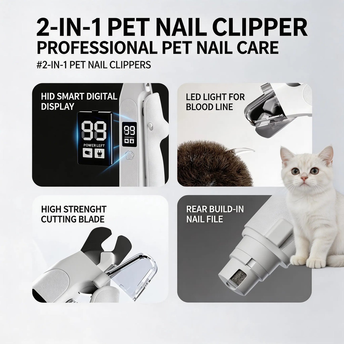 Rechargeable Pet Nail Clipper with LED Light & Digital Display, Electric Dog Cat Nail Trimmer with Safety Guard, Professional Pet Grooming Tool for Small Medium Large Pets