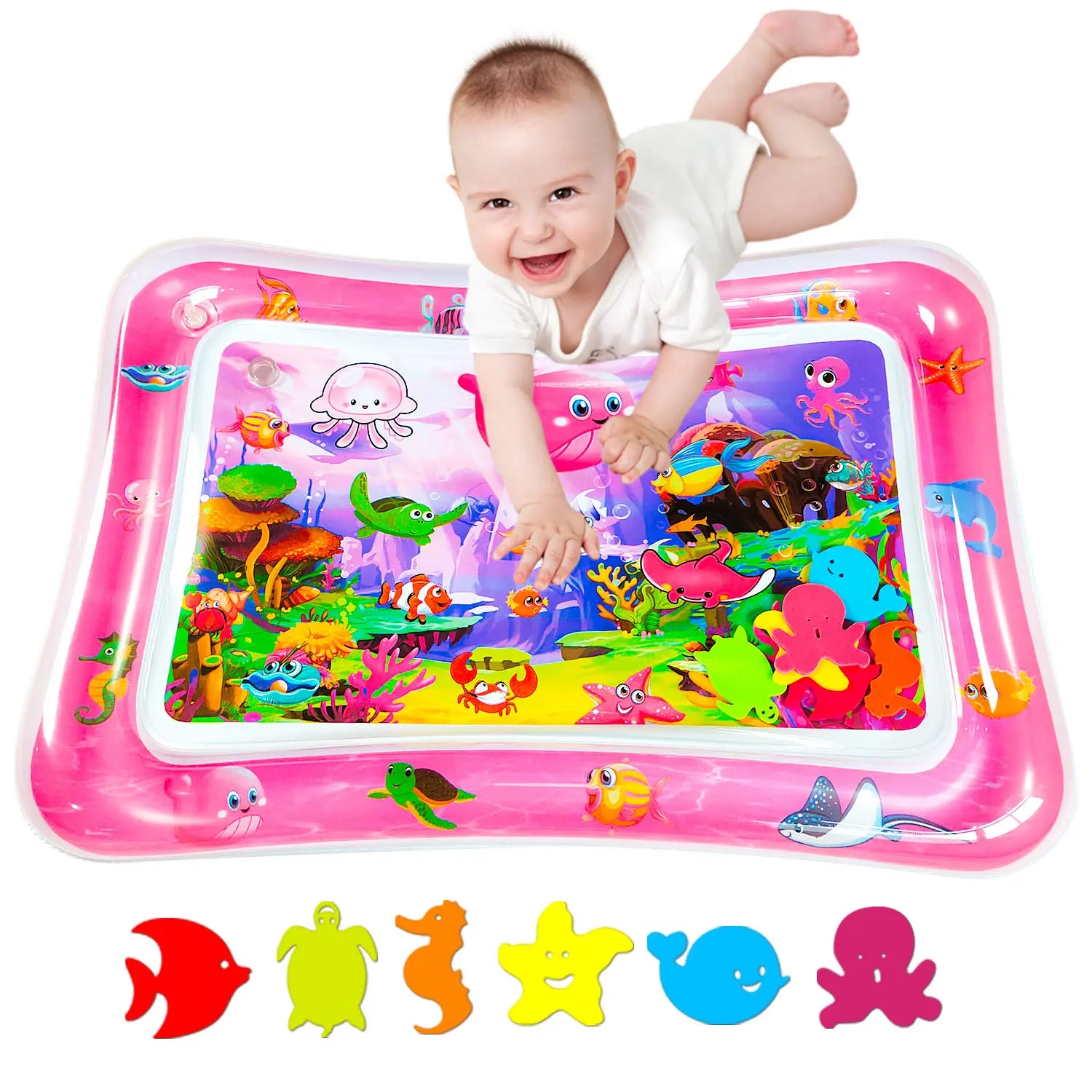 Inflatable Rectangle Tummy Time Water Mat for Infants 3-24 Months, Baby Toys with Seabed Patterns & Marine Animals, Bpa-Free Leak-Proof Sensory Toy for Pool Water Play