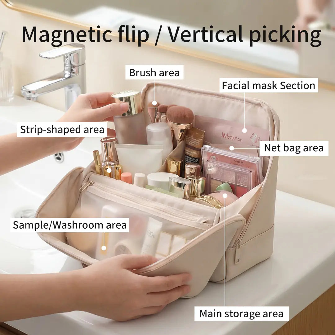 Waterproof Leather Makeup Bag for Travel, Clean Girl Vanity Organizer with Luggage Strap