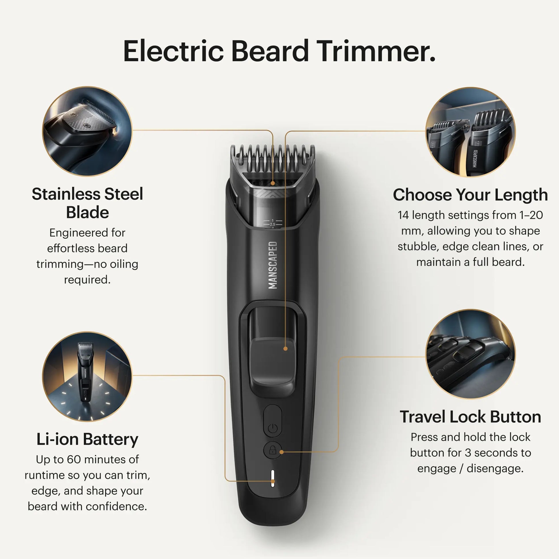 MANSCAPED the Beard Hedger PLUS, Men'S Adjustable Beard & Mustache Trimmer with 14 Length Settings (1–20Mm), Stainless Steel Blade, Waterproof Cordless Grooming, Travel Lock, USB-C Rechargeable