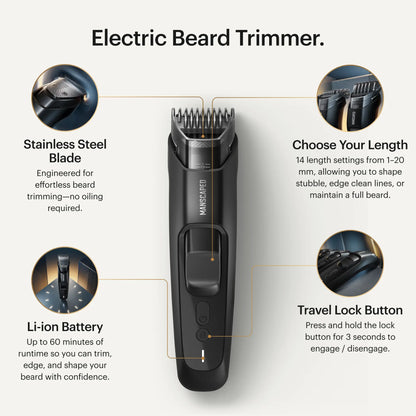 MANSCAPED the Beard Hedger PLUS, Men'S Adjustable Beard & Mustache Trimmer with 14 Length Settings (1–20Mm), Stainless Steel Blade, Waterproof Cordless Grooming, Travel Lock, USB-C Rechargeable