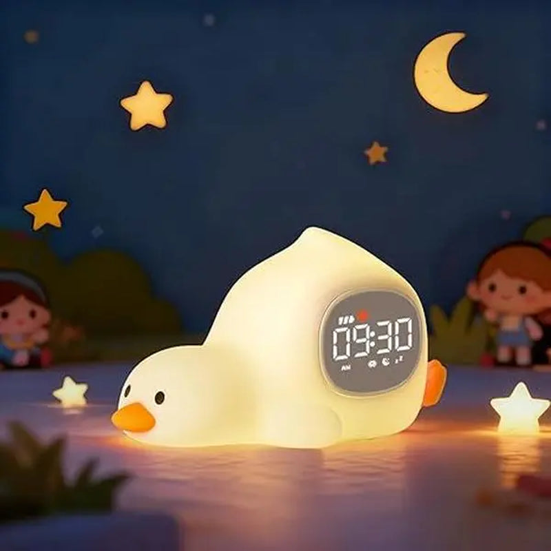 Lying Duck Kids' Sleep Trainer Alarm Clock - 7-Color Silicone Night Light, 6 White Noise Options, Dual Alarms, Snooze, Rechargeable Toddler Bedroom Bedside Clock, Ideal Birthday & Holiday Gift