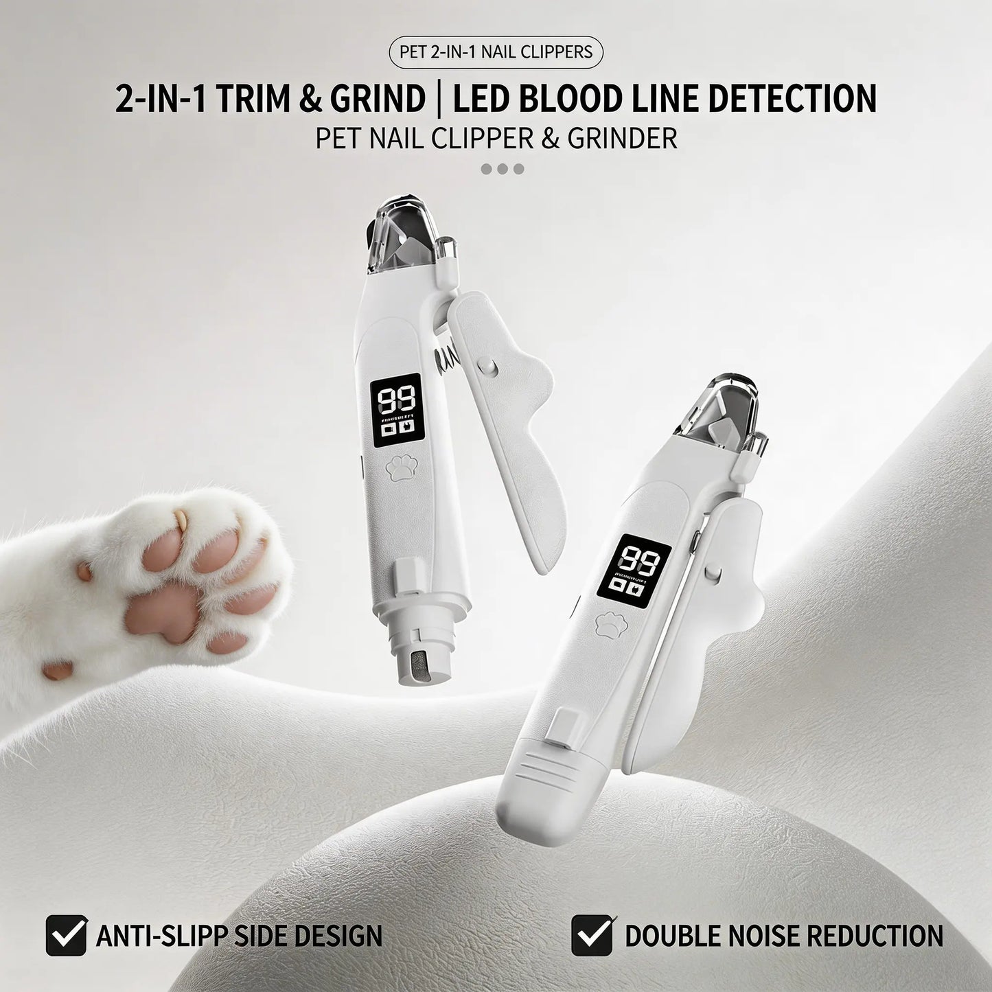Rechargeable Pet Nail Clipper with LED Light & Digital Display, Electric Dog Cat Nail Trimmer with Safety Guard, Professional Pet Grooming Tool for Small Medium Large Pets