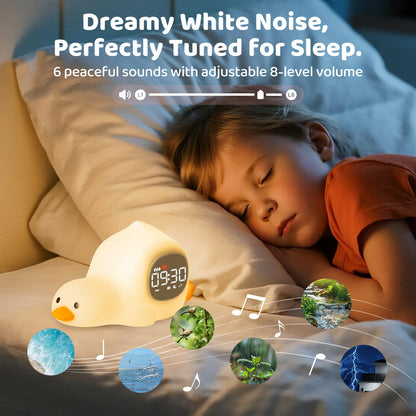 Lying Duck Kids' Sleep Trainer Alarm Clock - 7-Color Silicone Night Light, 6 White Noise Options, Dual Alarms, Snooze, Rechargeable Toddler Bedroom Bedside Clock, Ideal Birthday & Holiday Gift