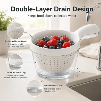 Double-Layer Fruit Drainer Basket with Handle, Macaron Colander Bowl with Transparent Water Container, One-Handed Washing Strainer for Fruits, Vegetables, Berries, Snacks, Kitchen Sink Storage Bowl