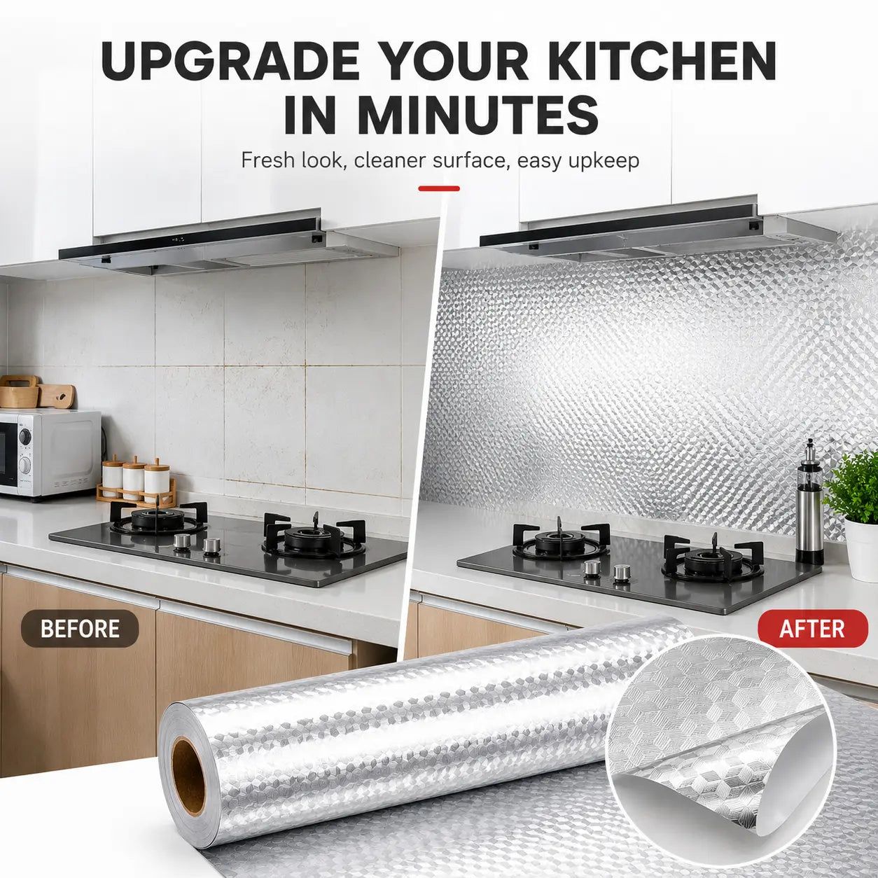 Self-Adhesive Aluminum Foil Kitchen Backsplash Wallpaper, 15.7 X 118 Inch Oil-Proof Waterproof Peel and Stick Countertop Cabinet Drawer Liner, Heat Resistant Easy Clean Silver Contact Paper