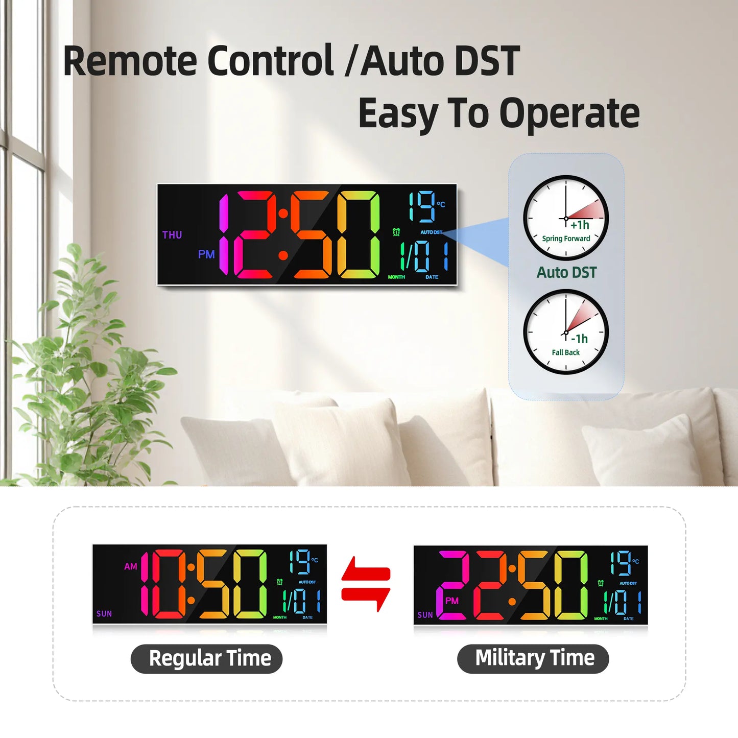 LEIKE 16.2" LED Digital Wall Clock with Remote Control, Dual Alarm, 8 RGB Colors, Auto DST, Temperature