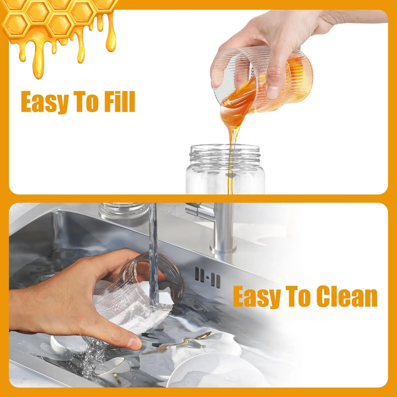 10Oz Glass Honey Dispenser with Spout, No-Drip Leak-Free Design, Handle, Easy to Clean & Refill, Maintains Freshness, Kitchen Preserving Container for Maple Syrup Everyday Use