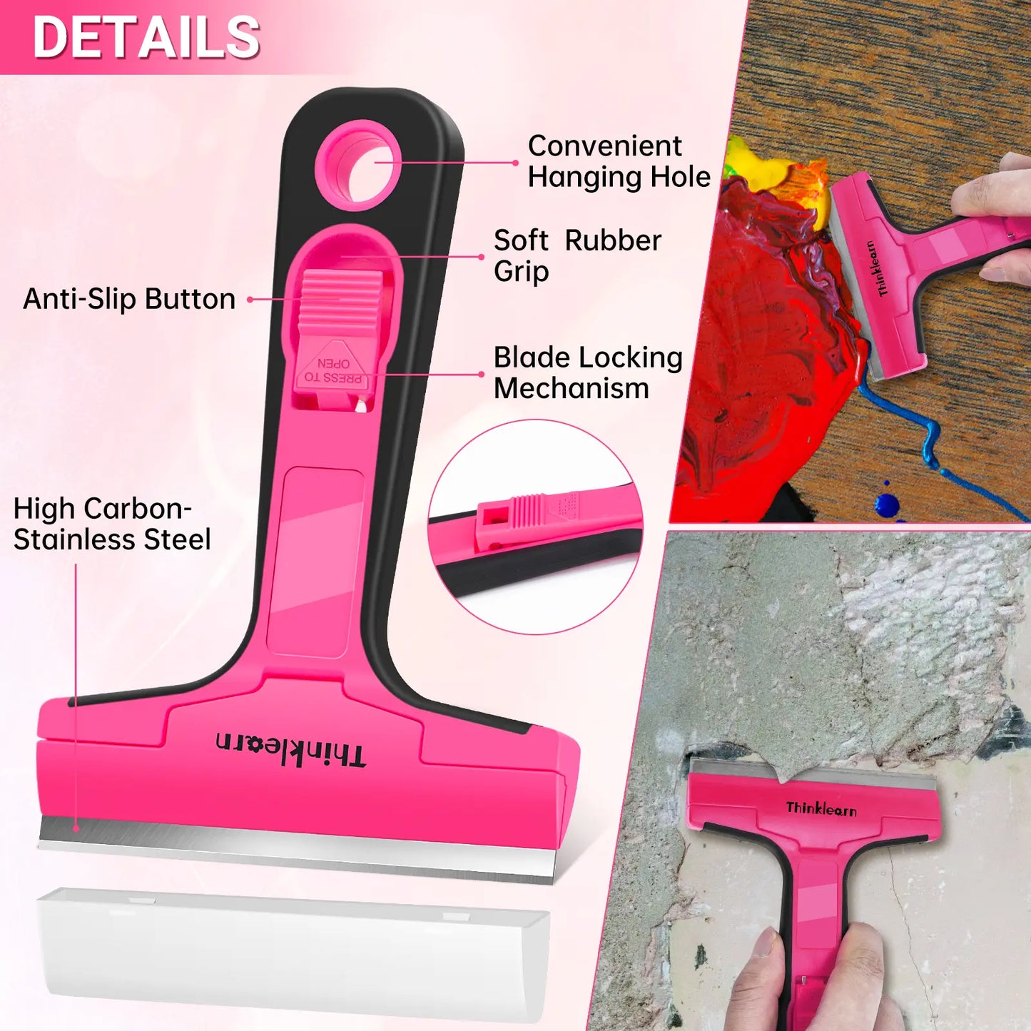 【Dealsforyou】 THINKLEARN 3-In-1 Scraper Tool Set, 3-Pack Pink Razor Scrapers with 40 Replacement Blades, Ideal for Removing Stickers, Adhesive, Caulk, and Cleaning Glass Surfaces