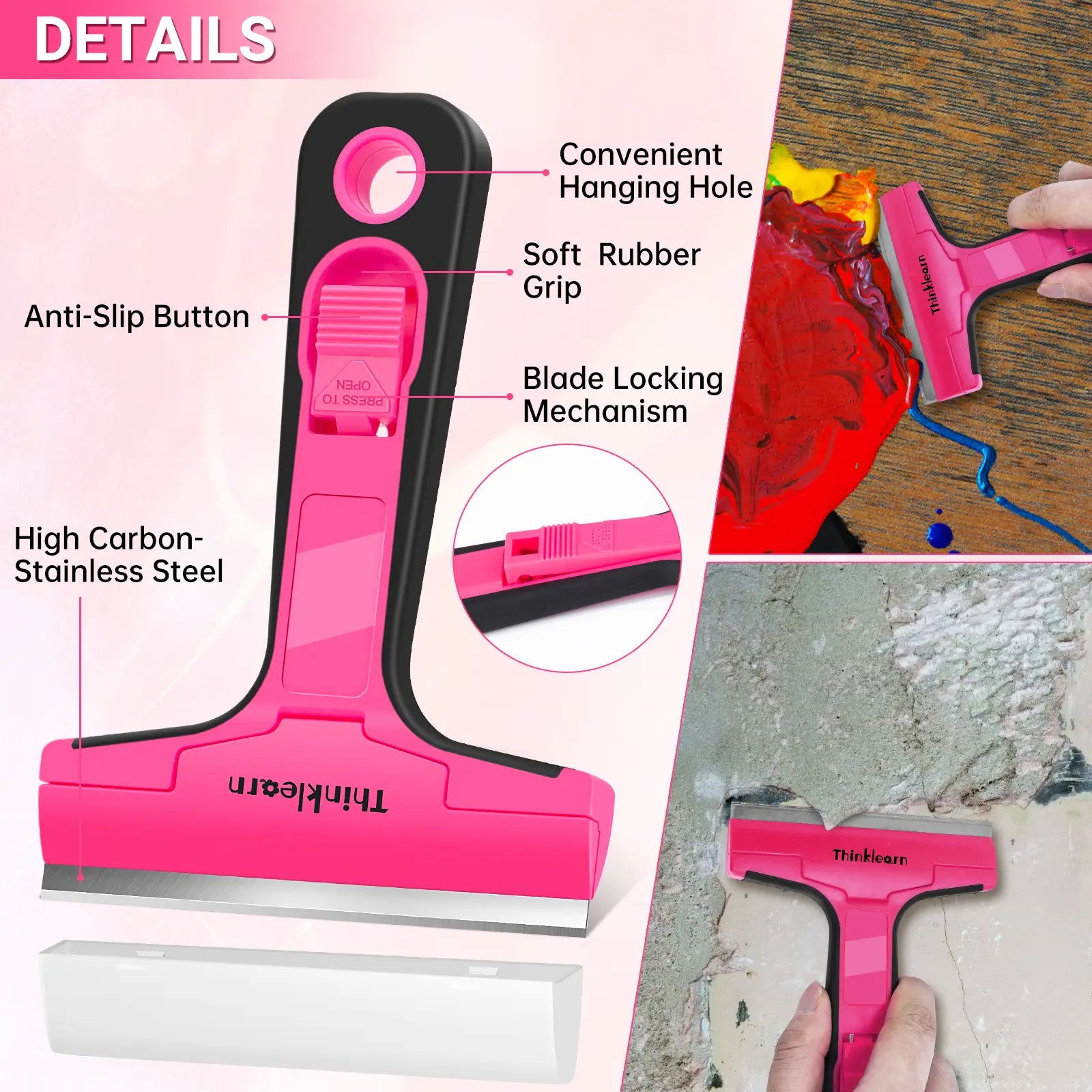 【Dealsforyou】 THINKLEARN 3-In-1 Scraper Tool Set, 3-Pack Pink Razor Scrapers with 40 Replacement Blades, Ideal for Removing Stickers, Adhesive, Caulk, and Cleaning Glass Surfaces