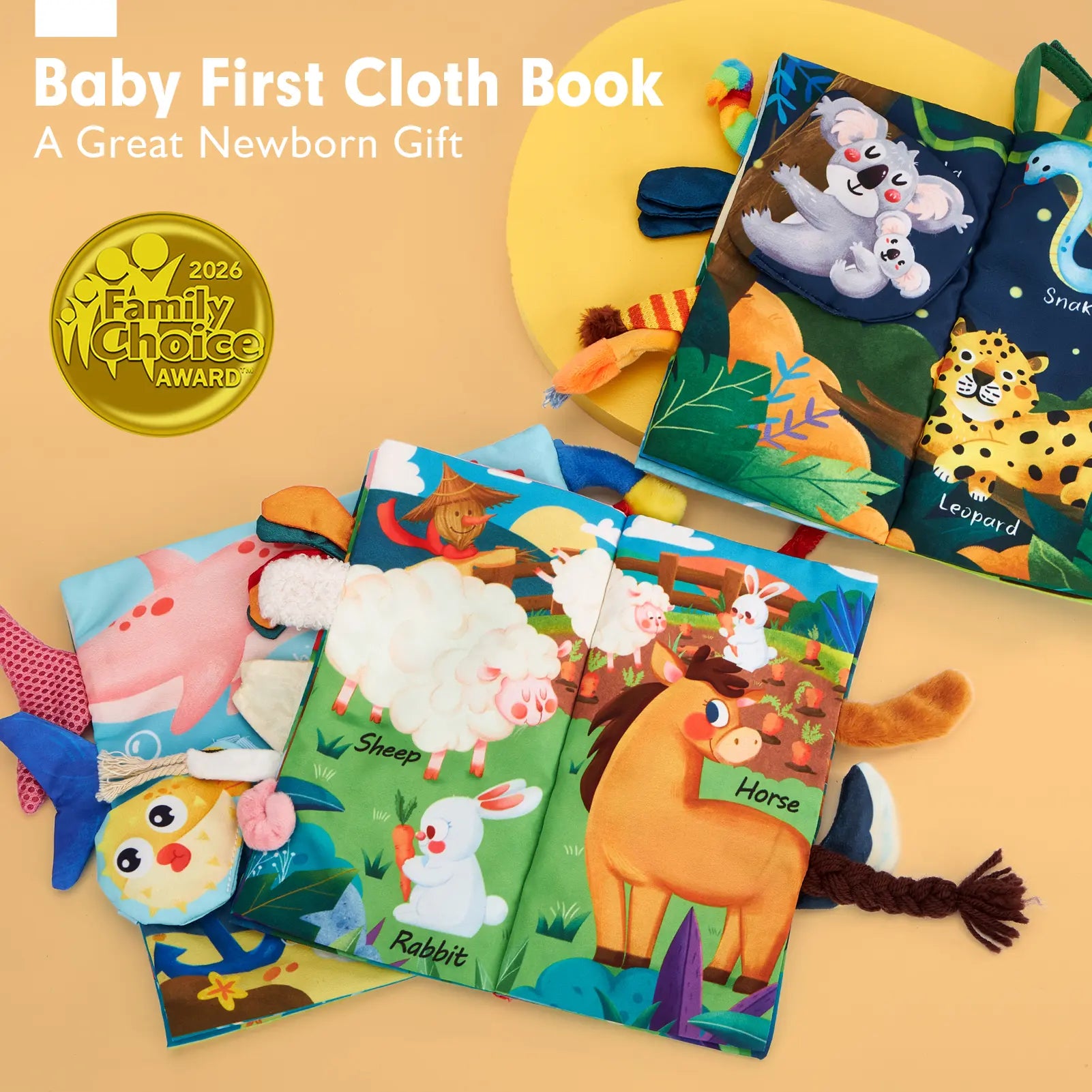 Hahaland Jungly Tails / Farm / Ocean Baby Books 0-6 Months,Infant Tummy Time Toy Sensory Learning Toys 6 to 12 Months, Touch and Feel Cloth Book for 0-3 Month Boy Girl,Baby Shower Birthday Easter Basket Stuffers Gifts