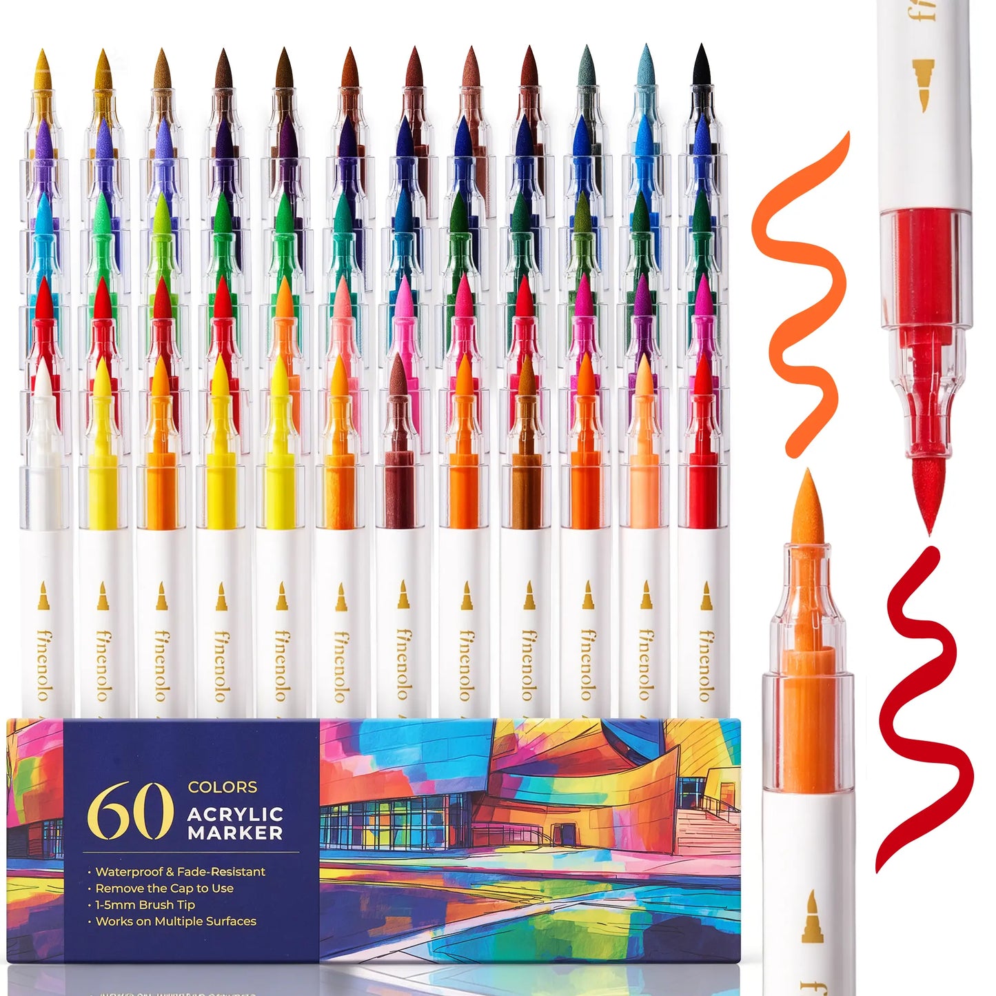 FINENOLO Dual Tip Acrylic Paint Markers Set (24/36/60 Pack) with Portable Stackable Storage Box, Premium Acrylic Paint Pens for Rock Painting, Fabric, Ceramic, Wood, Canvas, DIY Crafts Art Supplies
