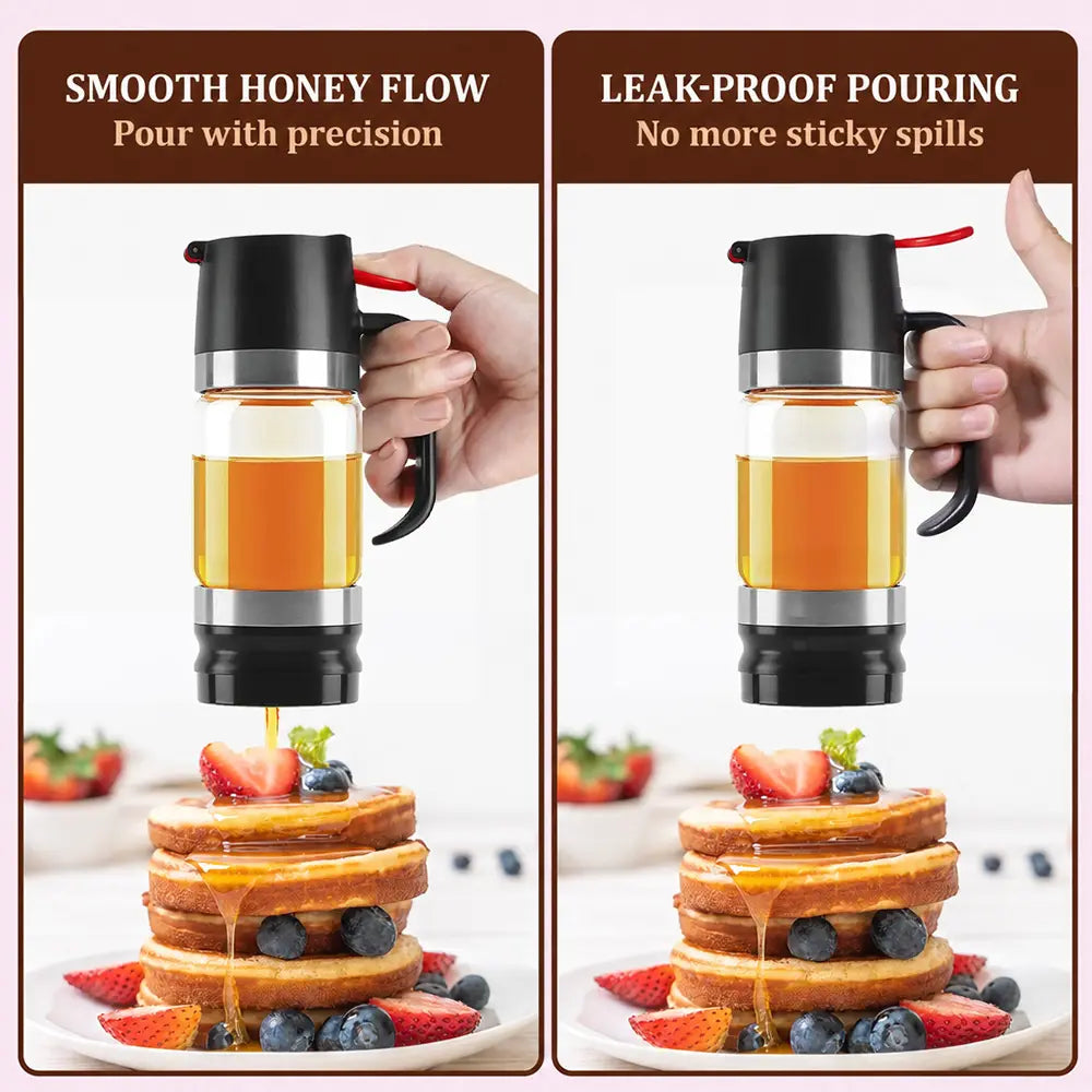 10Oz Glass Honey Dispenser with Spout, No-Drip Leak-Free Design, Handle, Easy to Clean & Refill, Maintains Freshness, Kitchen Preserving Container for Maple Syrup Everyday Use