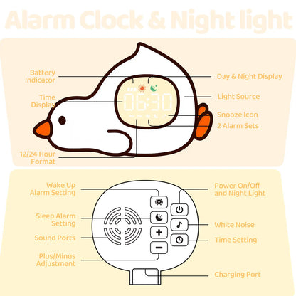 Lying Duck Kids' Sleep Trainer Alarm Clock - 7-Color Silicone Night Light, 6 White Noise Options, Dual Alarms, Snooze, Rechargeable Toddler Bedroom Bedside Clock, Ideal Birthday & Holiday Gift