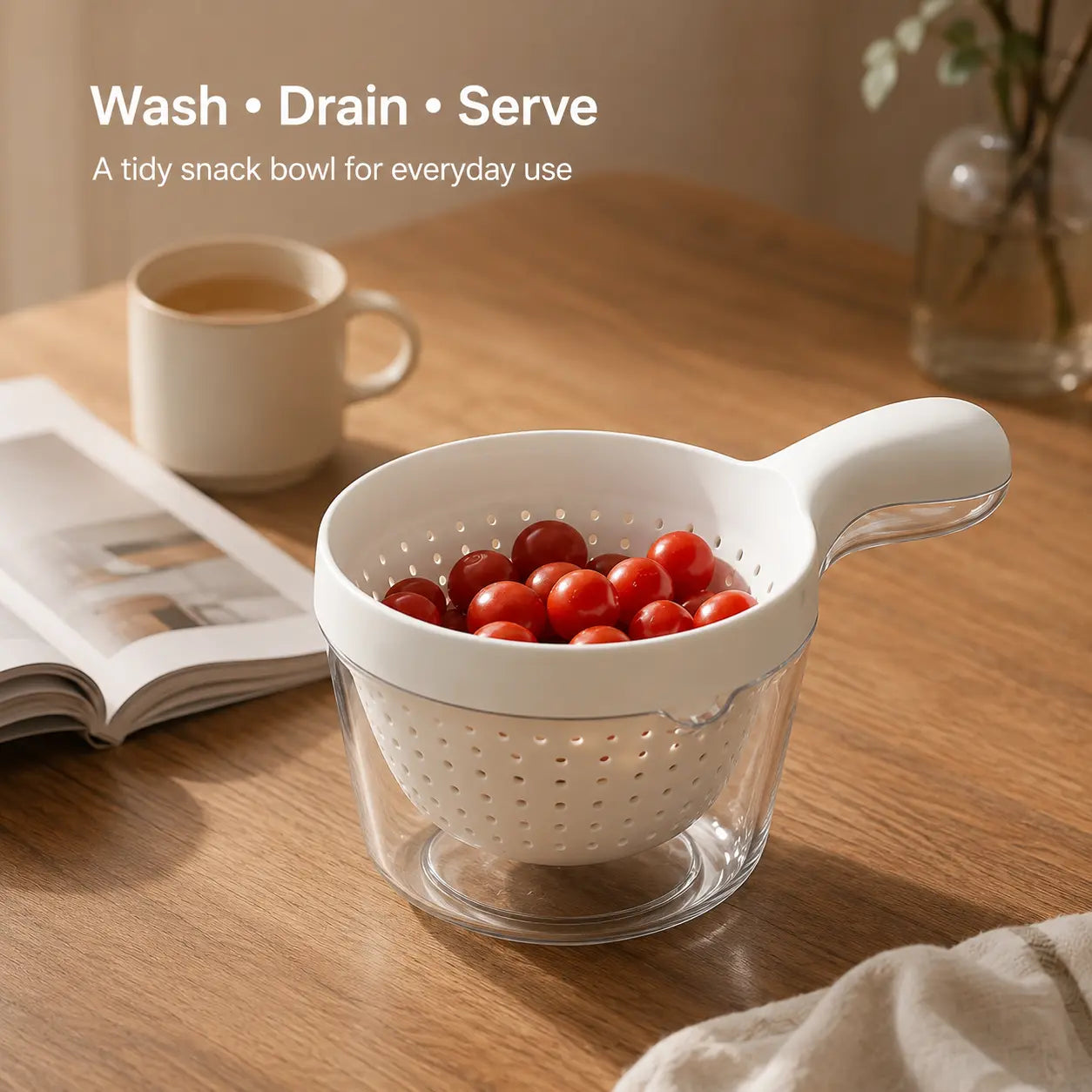 Double-Layer Fruit Drainer Basket with Handle, Macaron Colander Bowl with Transparent Water Container, One-Handed Washing Strainer for Fruits, Vegetables, Berries, Snacks, Kitchen Sink Storage Bowl