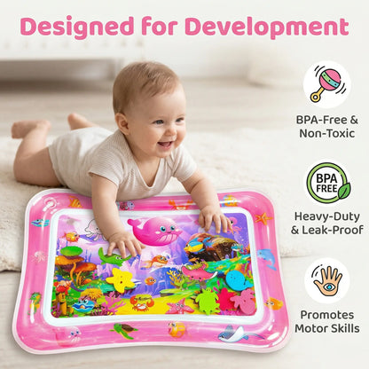 Inflatable Rectangle Tummy Time Water Mat for Infants 3-24 Months, Baby Toys with Seabed Patterns & Marine Animals, Bpa-Free Leak-Proof Sensory Toy for Pool Water Play