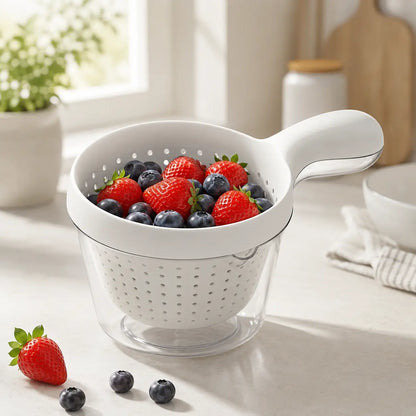 Double-Layer Fruit Drainer Basket with Handle, Macaron Colander Bowl with Transparent Water Container, One-Handed Washing Strainer for Fruits, Vegetables, Berries, Snacks, Kitchen Sink Storage Bowl