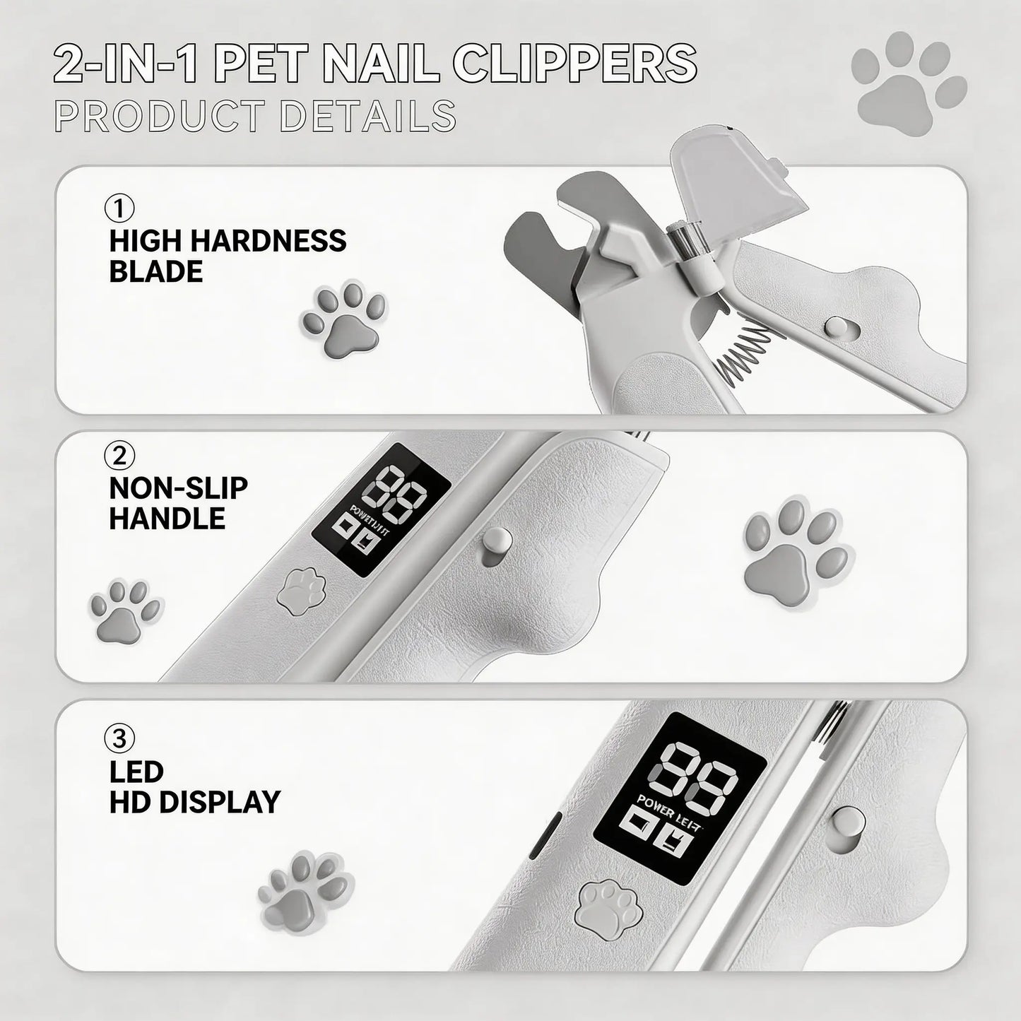 Rechargeable Pet Nail Clipper with LED Light & Digital Display, Electric Dog Cat Nail Trimmer with Safety Guard, Professional Pet Grooming Tool for Small Medium Large Pets