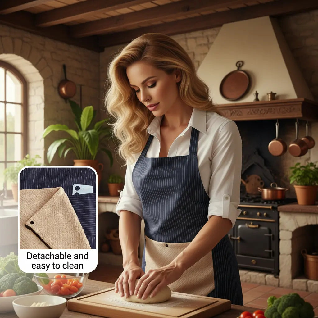 Kitchen Apron with a Detachable Towel, Unisex, Strapless Design for Easy Wearing and Removal, with Storage Pockets, Made of Three-Layer Composite Fabric, a Great Cooking Helper for the Whole Family.