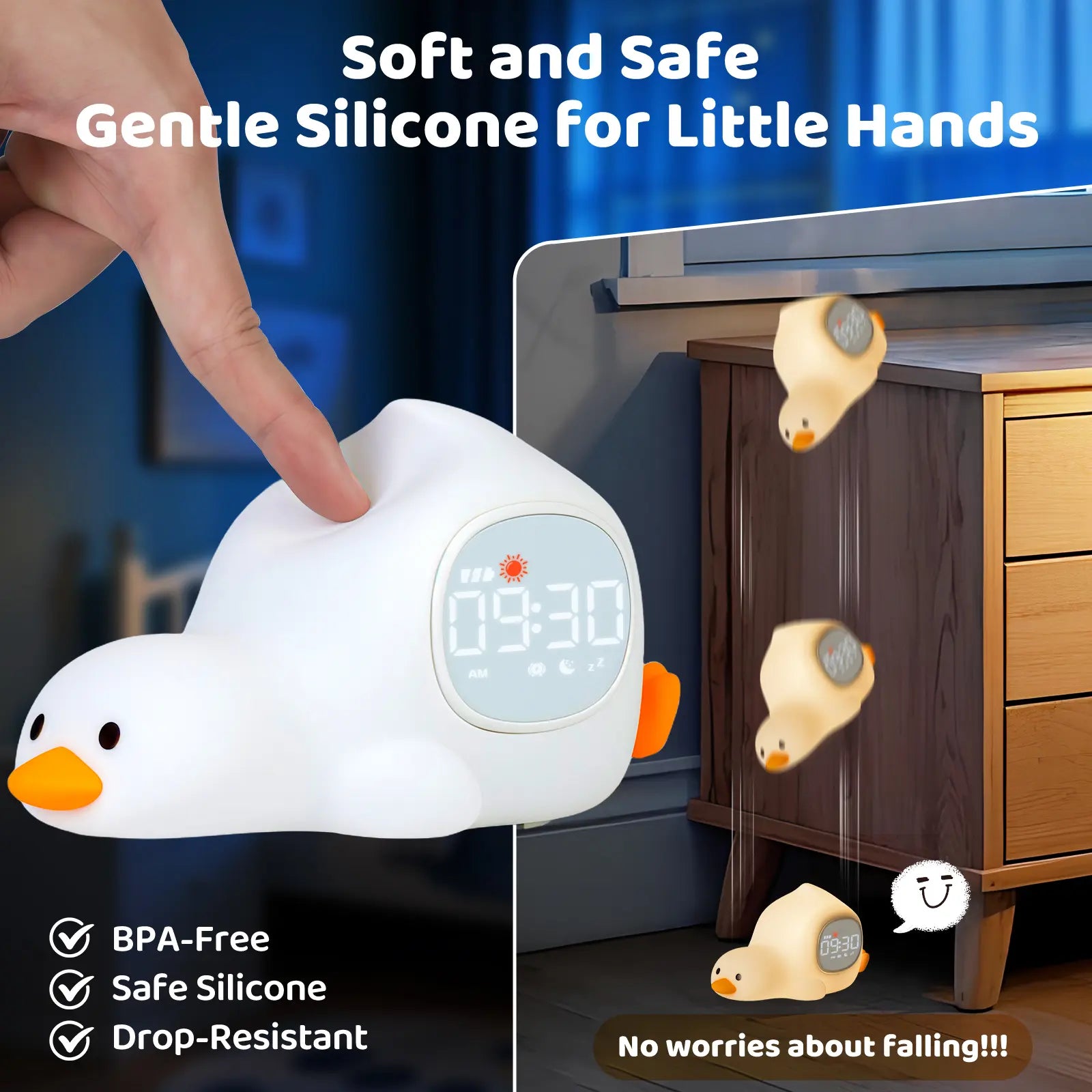 Lying Duck Kids' Sleep Trainer Alarm Clock - 7-Color Silicone Night Light, 6 White Noise Options, Dual Alarms, Snooze, Rechargeable Toddler Bedroom Bedside Clock, Ideal Birthday & Holiday Gift