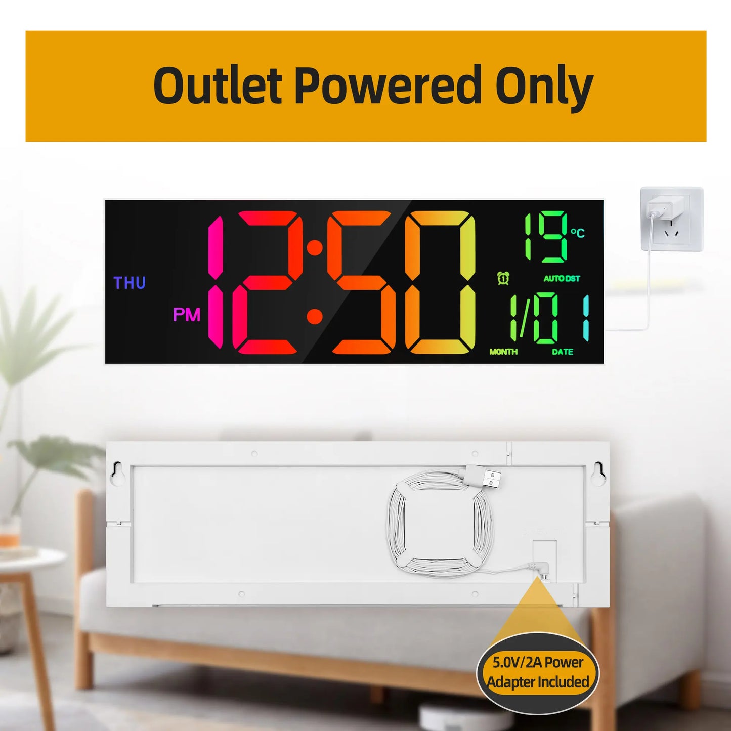 LEIKE 16.2" LED Digital Wall Clock with Remote Control, Dual Alarm, 8 RGB Colors, Auto DST, Temperature