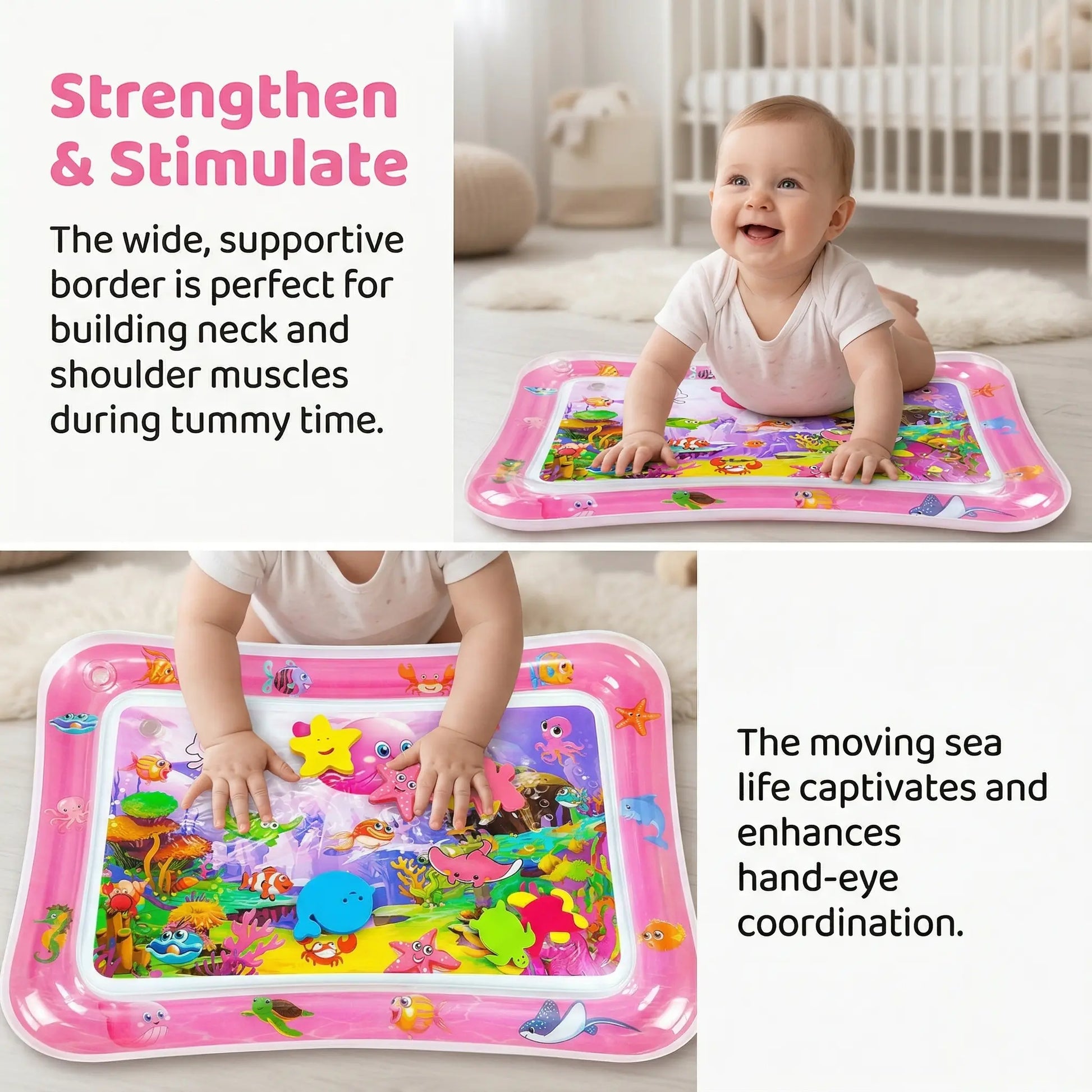 Inflatable Rectangle Tummy Time Water Mat for Infants 3-24 Months, Baby Toys with Seabed Patterns & Marine Animals, Bpa-Free Leak-Proof Sensory Toy for Pool Water Play