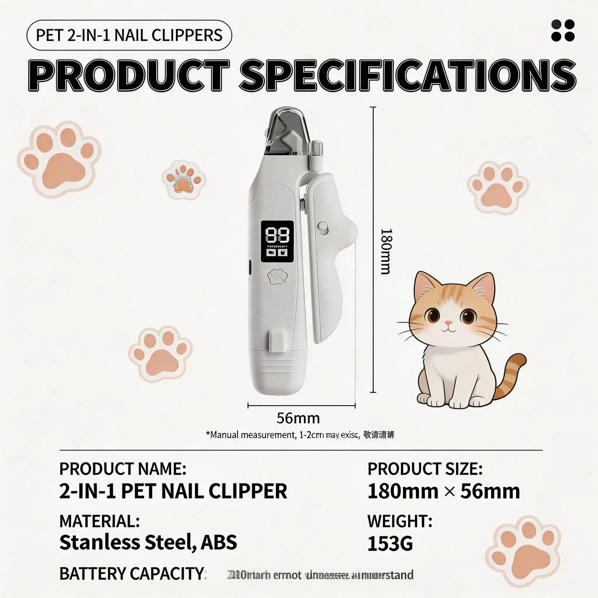 Rechargeable Pet Nail Clipper with LED Light & Digital Display, Electric Dog Cat Nail Trimmer with Safety Guard, Professional Pet Grooming Tool for Small Medium Large Pets