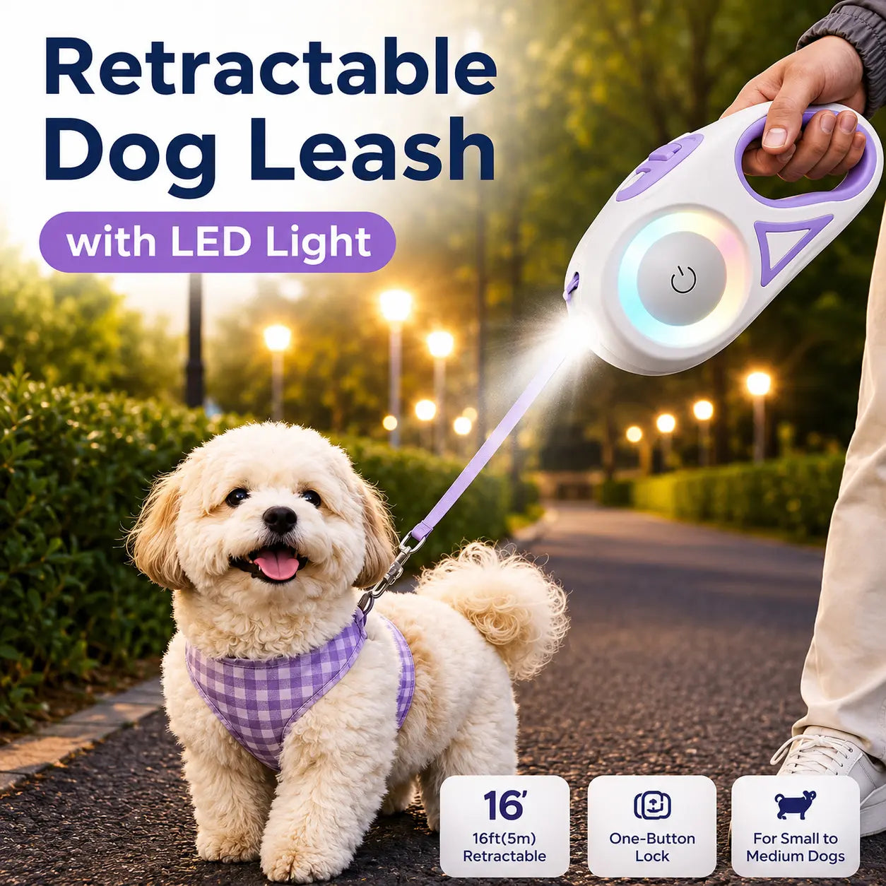 Pawzseek LED Retractable Safety Dog Leash, Automatic Extendable Leash for Small to Medium Dogs up to 110 Lbs, Safety Leash
