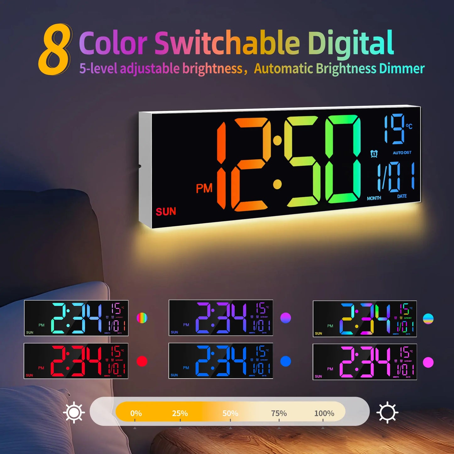 LEIKE 16.2" LED Digital Wall Clock with Remote Control, Dual Alarm, 8 RGB Colors, Auto DST, Temperature