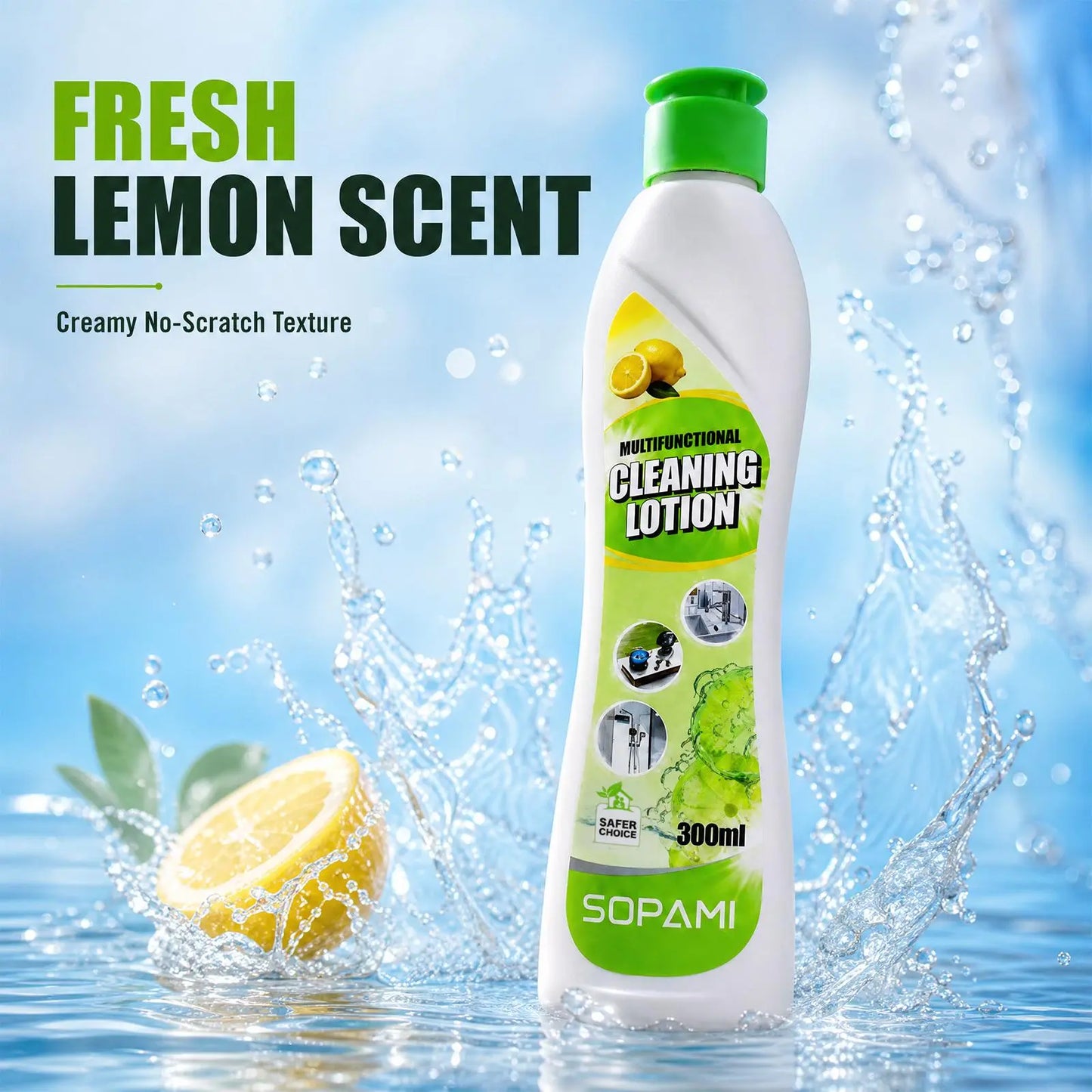 SOPAMI Multifunctional Cleaning Lotion 300Ml Creamy No Scratch Formula Removes Tough Stains Suitable for Kitchen Bathroom Metal and Ceramic Surfaces Gentle on Skin