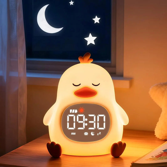 Lying Duck Kids' Sleep Trainer Alarm Clock - 7-Color Silicone Night Light, 6 White Noise Options, Dual Alarms, Snooze, Rechargeable Toddler Bedroom Bedside Clock, Ideal Birthday & Holiday Gift