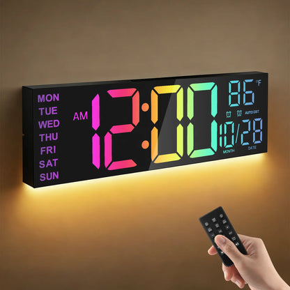 LEIKE 16.2" LED Digital Wall Clock with Remote Control, Dual Alarm, 8 RGB Colors, Auto DST, Temperature